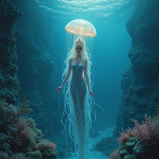 A stunning vision of an Abyssal Queen. A fusion of woman and jellyfish in a vast underwater setting. The queen is translucent with glowing tendrils. She is seated on a bioluminescent throne above a coral temple. Surrounding sea creatures swirl above like constellations. Sculpted ruins and spiraling stone towers fill the expansive underwater empire. The view is from the seabed, looking up.