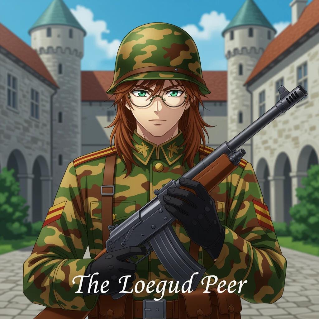 Highly detailed anime-style digital painting of young soldier in camouflage uniform holding Panzerschreck weapon. Soldier with long chestnut hair wearing glasses stands confidently in a medieval Bavarian castle courtyard. Stone walls surround him as he showcases military elegance with readiness. Banners hang from castle walls. Scene set in early morning light. A blend of anime heroism and historical realism is evident in the atmosphere.