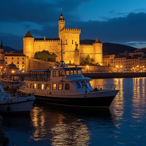 View of the dock at Coblenz with a boat. The Rhine meets the Moselle River. Soft city lights and golden reflections on the water. Wilhelm I monument and illuminated old town houses in the background.