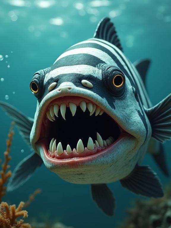 Realistic fish with large square human-like teeth. Black and white striped body resembling a convict. Grumpy expression. Underwater background with bubbles and seaweed. Prominent unnatural teeth emphasized.