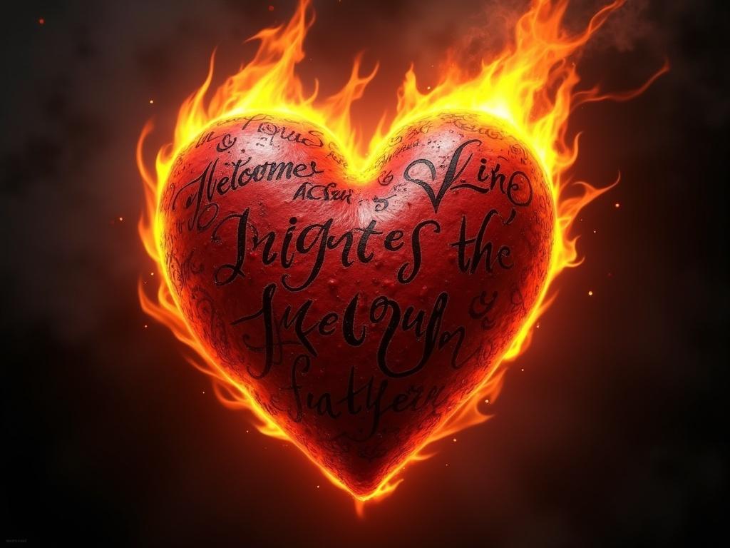 A realistic burning heart with intense, vivid flames in red, orange, and yellow. The heart is stylized as a classic symbol heart but maintains an organic and anatomically accurate look. Intricate tattoo inscriptions are beautifully engraved or inked onto the surface of the heart, featuring a mix of elegant script and bold, rebellious tattoo designs. The background is dark and slightly smoky, enhancing the glowing flames that radiate warmth and passion. This overall image conveys a strong emotional and powerful atmosphere, filled with intensity and allure.