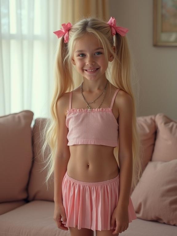 A young girl with long blonde hair styled in twin tails. She wears a pink crop top and a very low-rise micro skirt. The living room is softly lit. The girl has a flirty smile and is standing confidently. She pairs her outfit with thigh-high socks and black shoes.