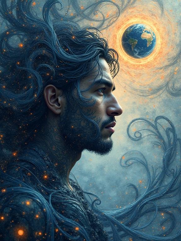 Stylized portrait of a young man with Maori features. The face is off-center. Interwoven with cosmic patterns and light. Contemplative expression. Features are blurred by patterns. Flows and swirls around face. Planet Earth in upper corner, surrounded by light. Dynamic composition with depth and movement. Colors transition from blues to oranges and golds. Ethereal glow from patterns. Abstract and dreamy style. Atmosphere of contemplation and cosmic connection.