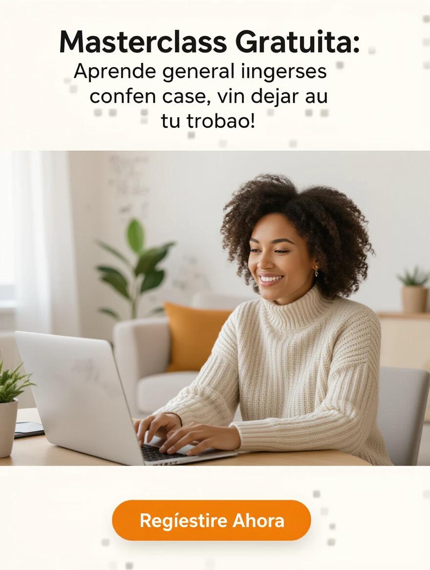 Full-screen visual featuring a smiling woman working on her laptop in a calm home setting. Text in center: 'Masterclass Gratuita: Aprende cómo generar ingresos desde casa sin dejar tu trabajo.' Button text: 'Regístrate Ahora'. Clean design with a cinematic poster layout.