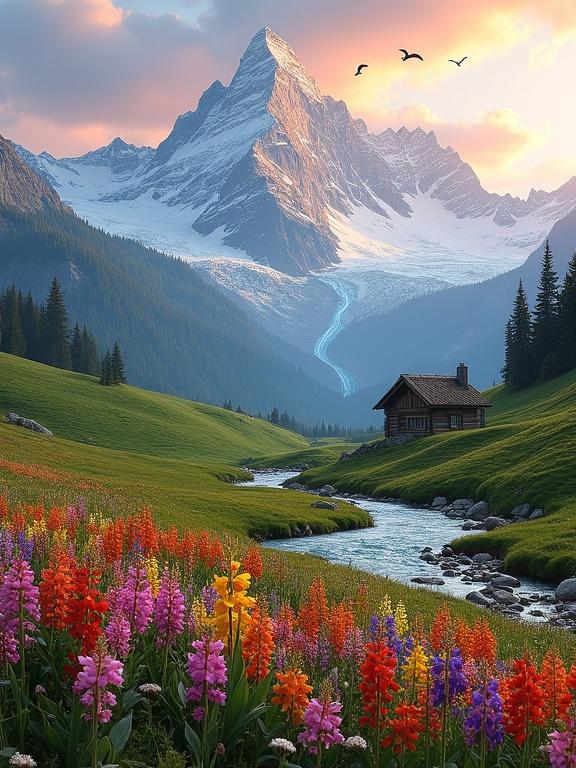 A stunning alpine landscape showcases snow-covered mountains against a flower-filled valley. The foreground features a vibrant wildflower meadow with diverse colors. A clear stream winds through the scene. Rolling green hills with scattered pine trees and a cozy wooden cabin sit in the midground. Towering jagged mountains rise majestically in the background. The sky displays soft pastel colors, with birds flying overhead.