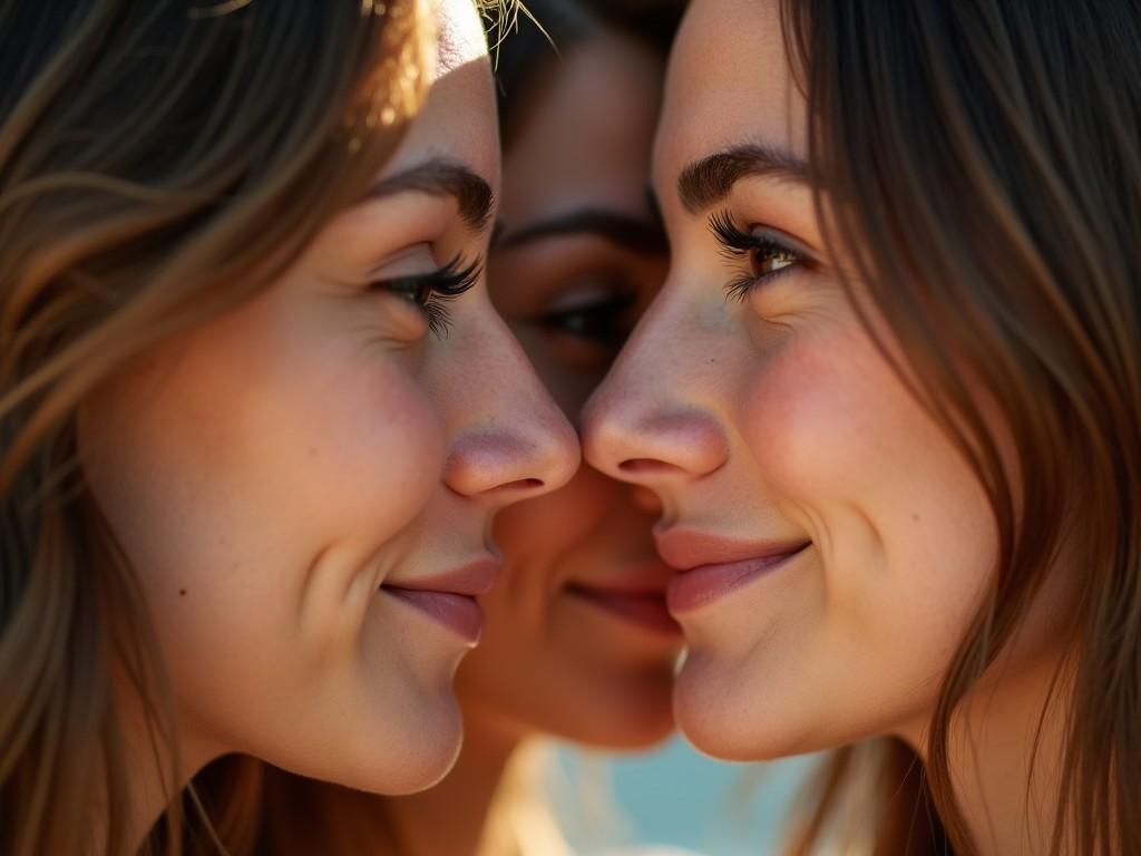 The image features three beautiful women with brown hair, aged between 18 and 20. They are in a close-up side profile, showcasing their upturned noses at a 110-degree angle. The warm lighting enhances their facial features, giving a soft and inviting glow. Each woman is playfully touching noses with the others, evoking a sense of friendship and joy. The composition reflects a playful yet intimate moment between the three women.