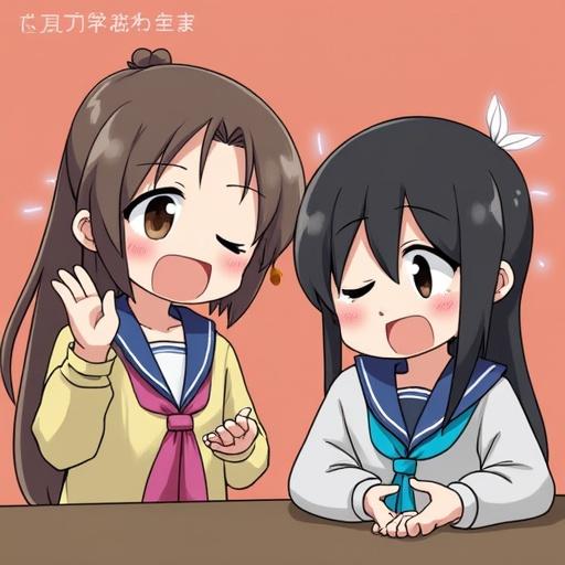 Two cute anime girls are chatting and smiling in an illustrated style. They have distinct hairstyles and outfits. A warm background enhances their playful interaction.