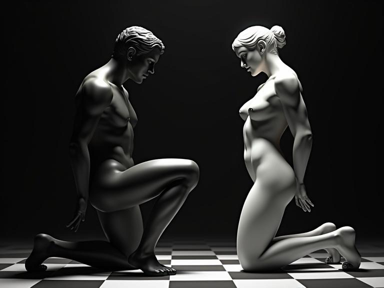 Artistic representation of two chess pieces in human form. Male statue kneeling. Female statue standing firm. Black and white theme. Dramatic lighting effects. Artistic conflict. Enhanced detail with modern rendering techniques.