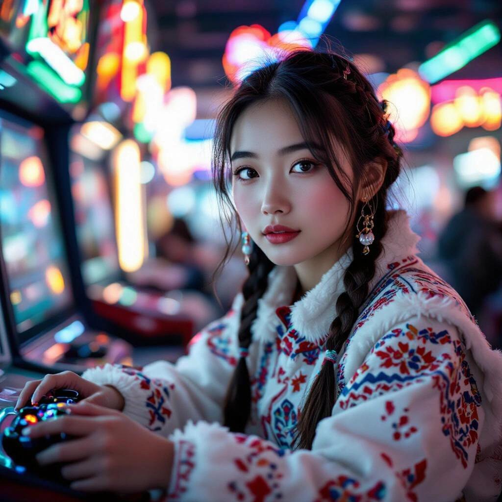 Young Asian girl with pale skin and round face. She has hazel green eyes. Wearing traditional Siberian clothes from Yakut. Playing video games at an arcade. Neon lights reflect on her skin.