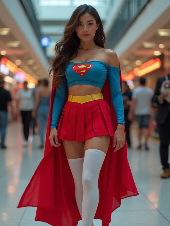Full body image of a woman dressed as a superhero. She wears a blue crop top with a superhero emblem, a mini pleated red skirt, a flowing red cape, and white thigh-high stockings. The setting is a convention center with people in the background.