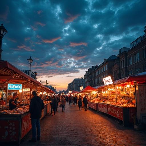 A vibrant night market scene bustling with people under a dramatic sky. Stalls filled with colorful goods line the street. Warm lights illuminate the pathway creating a lively atmosphere. The sky exhibits swirling clouds with hints of sunset colors.