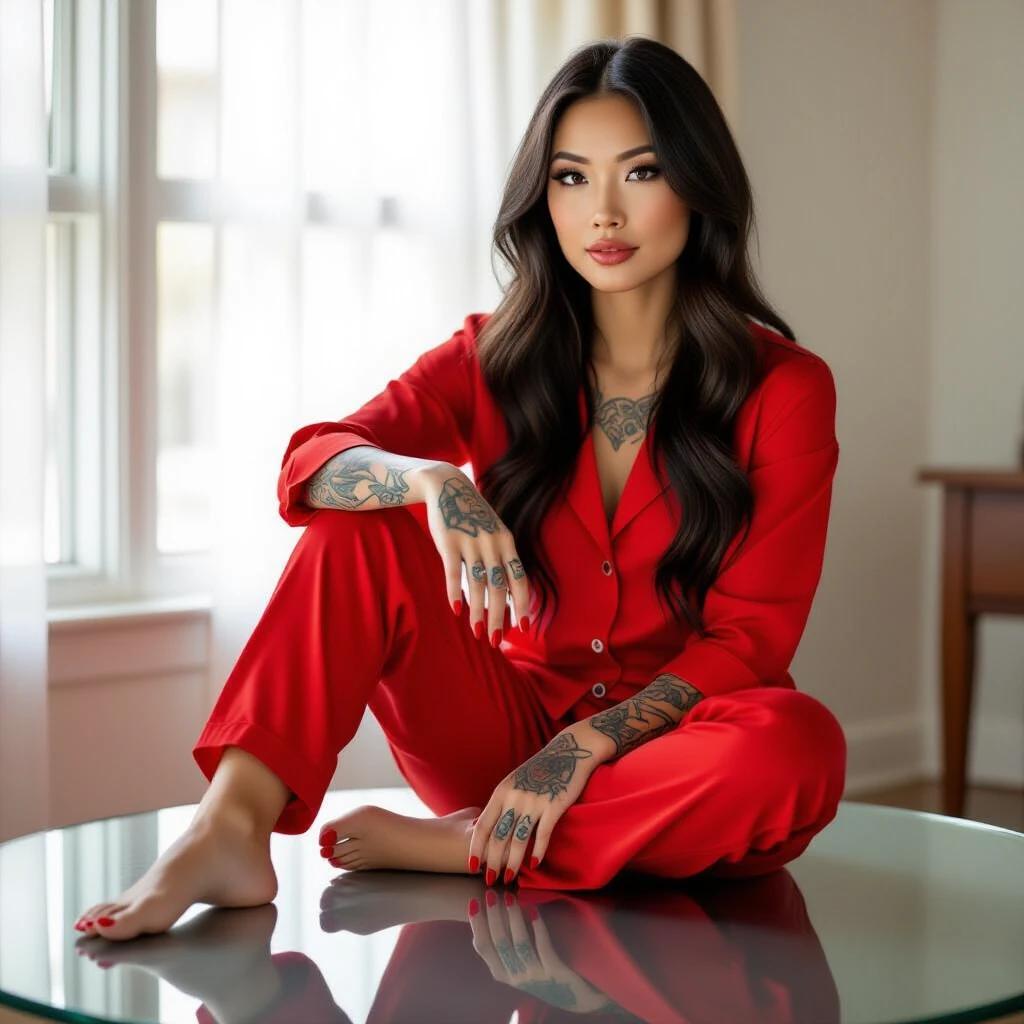 Asian woman with long black hair brown eyes tattoos red nails wearing red pajamas Sitting posture relaxed Soft natural lighting soles of feet visible on glass table