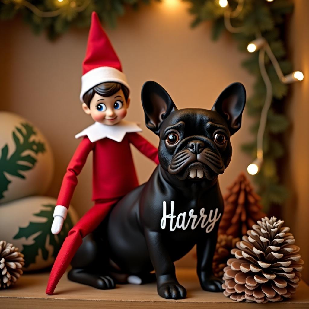 Elf on a shelf sits on a black French bulldog. The word Harry appears above the bulldog. Cozy holiday setting with pine cones.