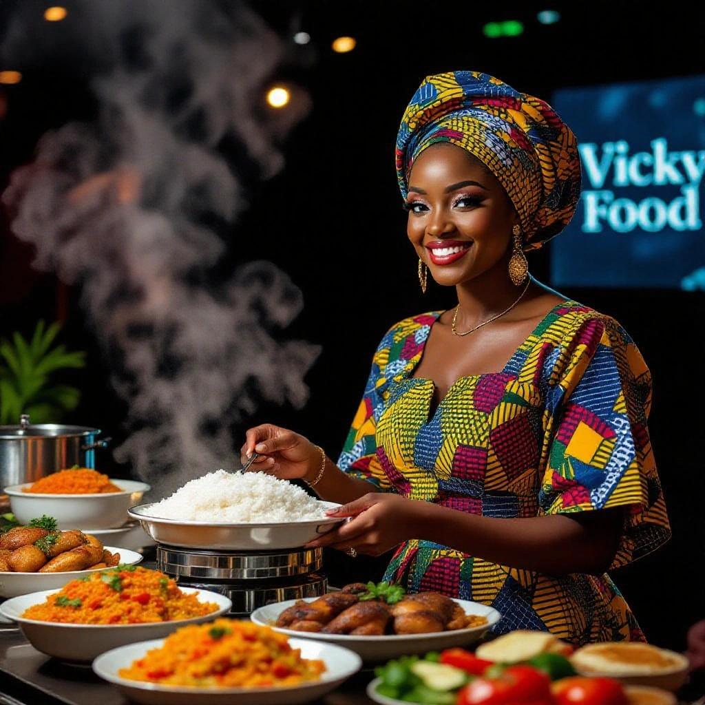A woman serves rice from a buffet table. The table features Nigerian dishes such as jollof rice, grilled chicken, and fried plantains. The setting is indoors with realistic lighting and steam rising from the food trays. The woman wears a colorful Ankara dress and head wrap. A backdrop reads 'Vicky Food.'