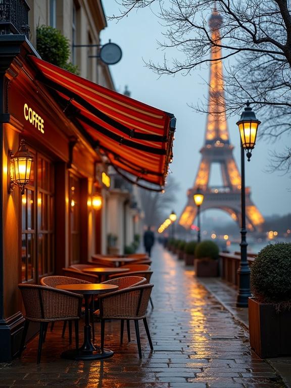 Image depicts charming outdoor café scene in Paris with Eiffel Tower illuminated in background Rainy evening setting Warm tones with deep red awning and wicker chairs Reflective cobblestone streets