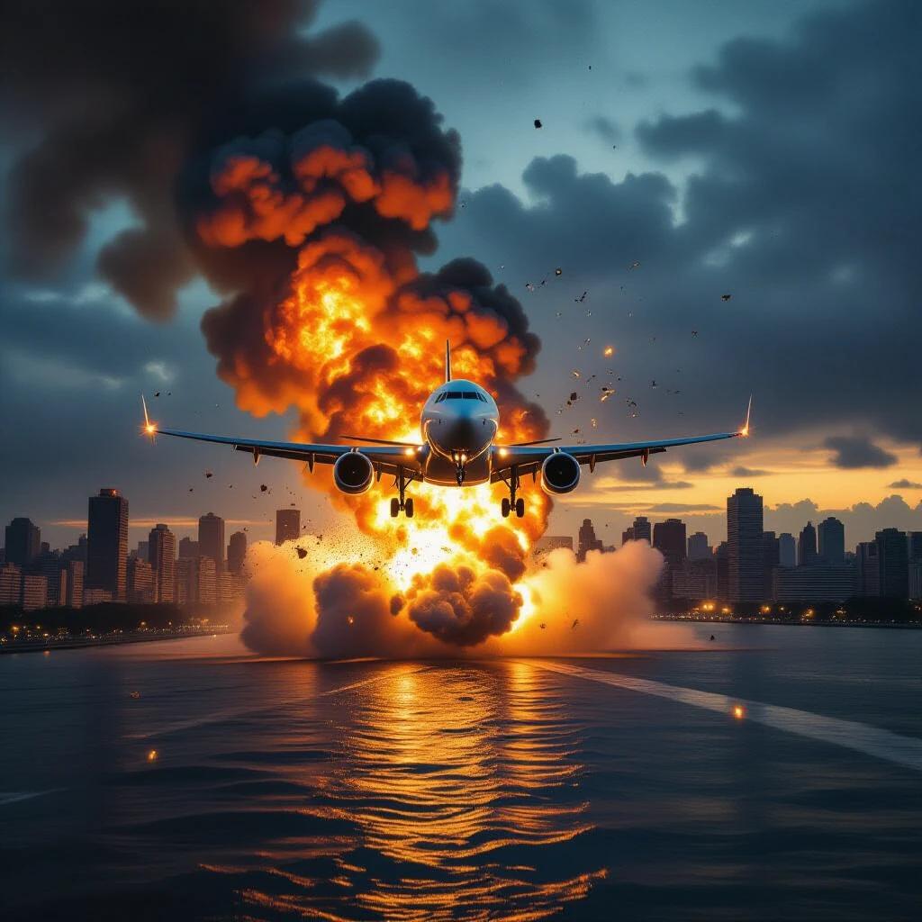 An airplane is caught in a massive explosion. Flames engulf the aircraft while flying over São Paulo. Dark clouds create a cinematic backdrop. The ocean reflects the fiery light of the explosion. Debris is seen tumbling through the air.