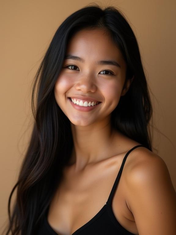 Amateur portrait photograph of a young woman with long straight black hair and a tan complexion. Close-up frame against a neutral beige background. She wears a black tank top and displays a bright smile. Eye contact with the camera. Warm artificial lighting. Shallow depth of field and centered composition.