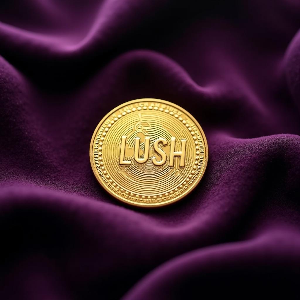 A golden coin embossed with LUSH arranged elegantly on a dark surface with royal purple velvet cloth.