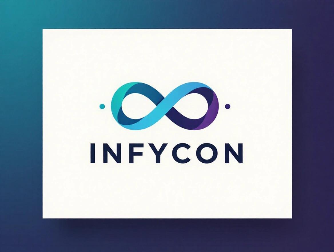Create a logo for INFYCON blending technology and knowledge. Use colors like blues and blacks. Incorporate symbols of infinity. Maintain a minimalistic design with gradients or shadows.