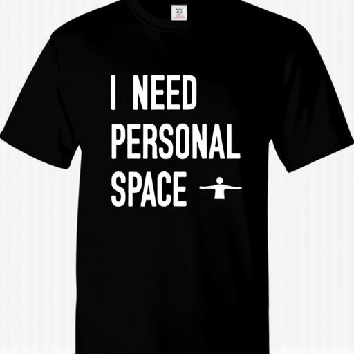 A black t-shirt with white text design says I NEED PERSONAL SPACE. Graphic shows silhouette of person with arms outstretched. Standard crew neck style.