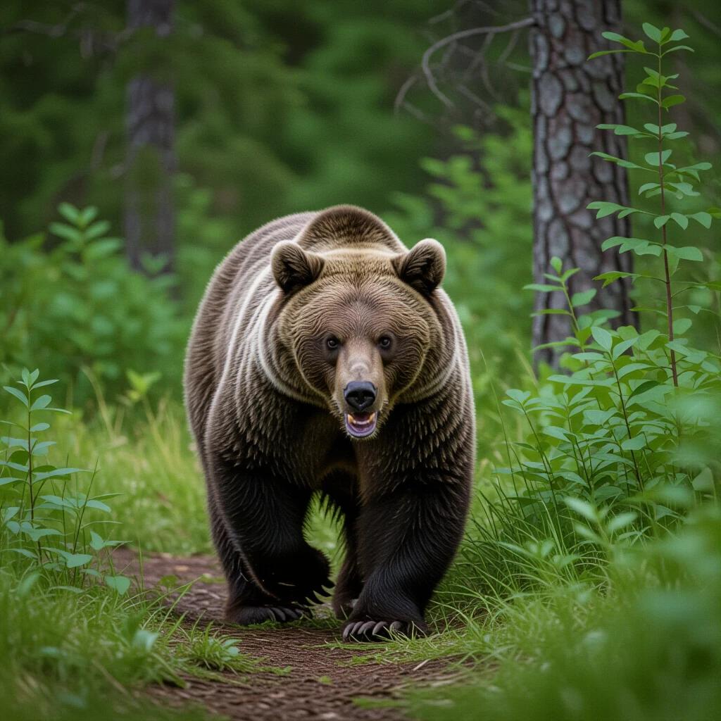Bear dashing through lush green forest. Captured during daylight in a natural setting. Vibrant greenery surrounds the bear. The bear appears lively and vigorous.