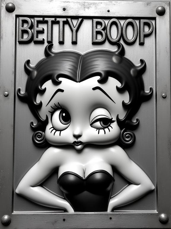 A high-relief engraving on a polished steel plate of the iconic cartoon character Betty Boop. Betty Boop is shown in a classic pose with a flirty wink and voluminous curled hair. Smooth and textured etched lines highlight the metal relief depth. The brushed finish creates natural highlights and shadows. 'BETTY BOOP' is engraved in bold, raised letters. The scene is framed by a rectangular border with rivets and a textured steel pattern against a smooth background.