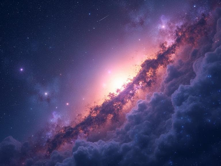 A view of the Milky Way from space showcasing shiny bright colors and a cosmic atmosphere.