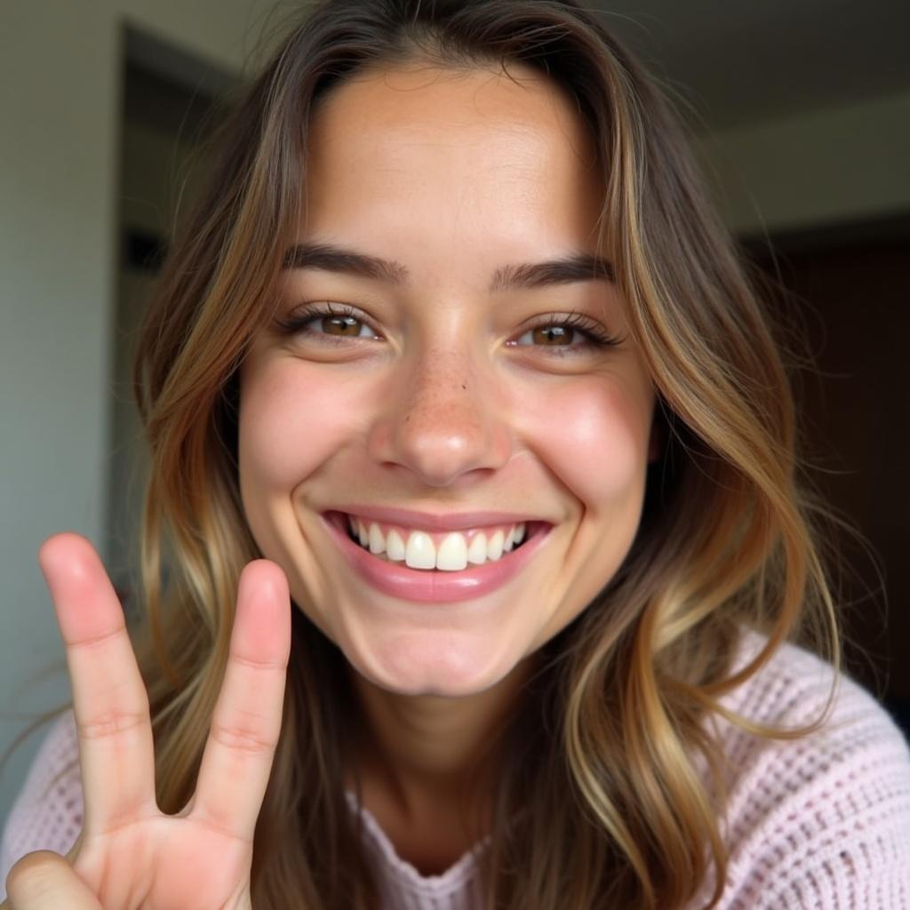 Cute young woman smiling and doing peace sign in a selfie. Bright and warm atmosphere. Close-up of hands and face.