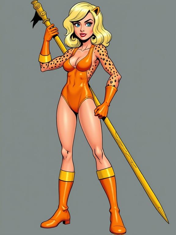 Cartoon character with light-blonde wavy hairstyle and cheetah-like spots. The character wears an orange leotard and boots with gold bands. She holds a golden staff, has an athletic build, and stands confidently. The background is gray, creating a dynamic and vibrant atmosphere with bold colors.