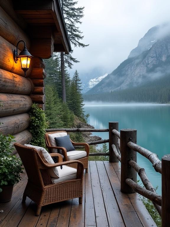 Serene lakeside log cabin deck surrounded by misty alpine scenery with wicker armchairs and a small table. Features a rustic railing made from wooden logs. The cabin is made of thick logs, with cozy lantern lighting and plants. The lake is turquoise with mountain reflections under a misty sky.