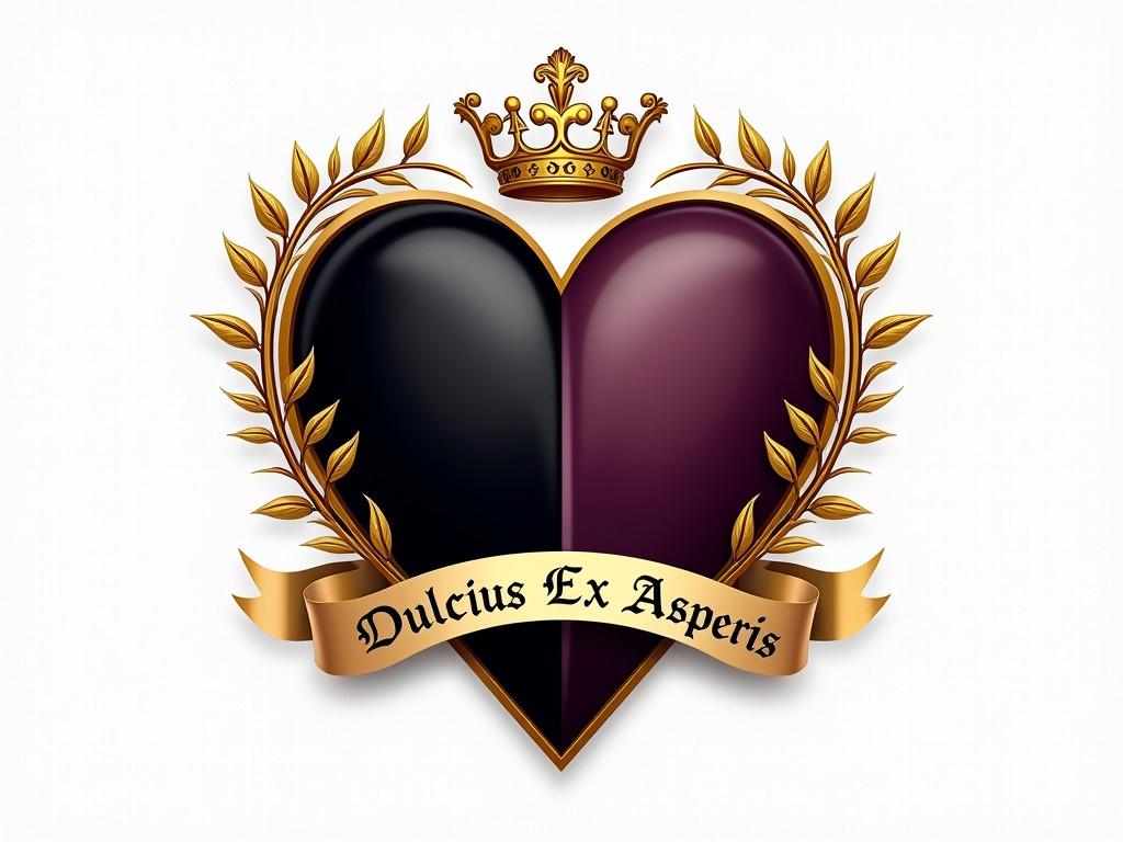 Design a heraldic emblem centered around a heart-shaped shield that is halved down the middle. The left half of the shield should be matte black while the right half is a rich matte dark-violet. Incorporate elegant gold vines that intertwine around the edges of the shield, adding a touch of sophistication. At the top of the shield, place a gold coronet to symbolize nobility. Below the shield, include a ribbon displaying the motto 'Dulcius Ex Asperis' in a classic font, providing a regal finishing touch to the design.