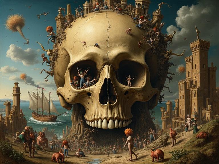 Create a grotesque and macabre tableau featuring a giant skull surrounded by monstrous figures. Include surreal architectural elements and show signs of decay throughout the scene. The atmosphere should reflect chaos and commentary on human folly and mortality.