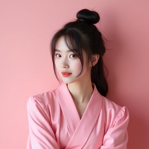 Japanese woman with beautiful features wears a pink outfit against a pastel pink background. She has her hair styled in a bun and looks directly at the camera with a soft expression.