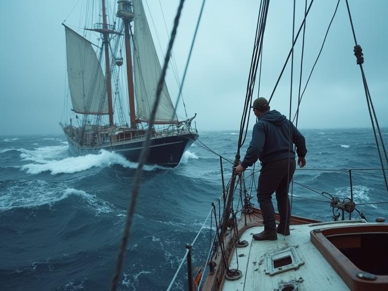 A photograph of a man working on a ship in the middle of a raging ocean. The scene captures the motion of the waves and the intensity of the weather while the focus remains on the task at hand.