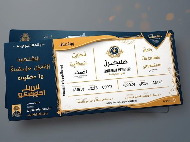 Invitation design created for a travel agency's opening. Design takes inspiration from a boarding pass. Colors used are dark blue, white, gold, and orange. Date is Thursday, May 30, 2025. Time is 7:00 PM. Location is Prince Sultan Street, Jeddah. The style is professional and elegant.