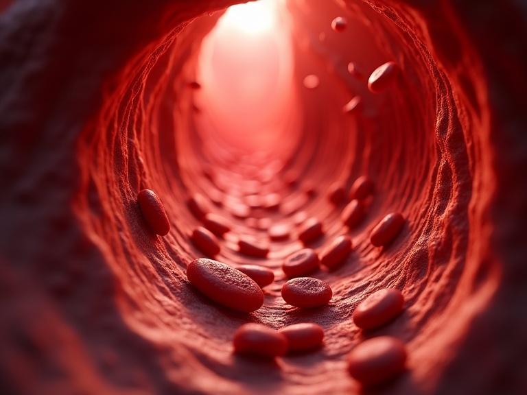 3D rendering inside a human blood vessel. Red blood cells flowing through artery wall. Dynamic lighting creates depth. Textured surface. Warm red tones. Photorealistic style.