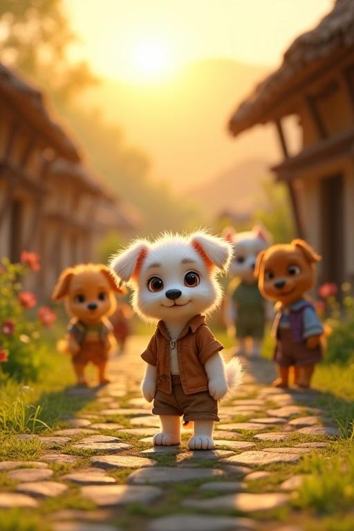 A vibrant scene of a colorful rural village. Cobblestone paths wind between wooden houses. Lush green fields fill the background under a golden sunrise. A small anthropomorphic puppy named Tuku stands in front. He wears a tattered brown shirt and shorts. His fur is slightly messy, and eyes sparkle with hope. Other anthropomorphic dogs in varied outfits walk by. Lighting is warm with soft lens flares. The scene is highly detailed and vivid, in a 9:16 ratio.