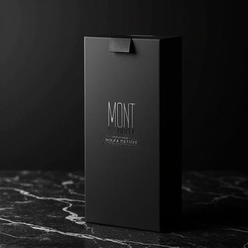 Slim box for vodka brand crafted from textured matte black material. Front of the box has embossed platinum silver foil logo 'MONT BLACK by Vuletta' in elegant serif typography. Box is closed with sharp lines and contrasting textures. Soft lighting emphasizes texture and metallic gleam. Resting on a dark marble surface with gradient background from charcoal to black.