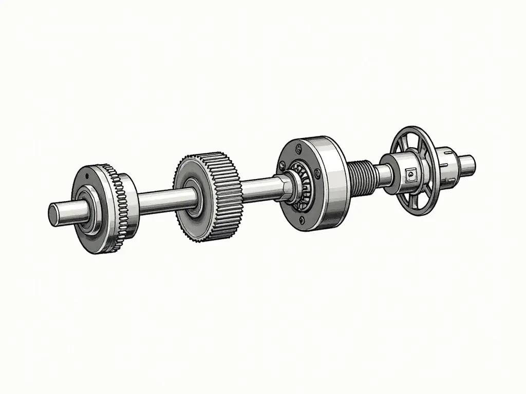 The image depicts a mechanical assembly of a fork lift shaft with two bearings situated at either end. It features two lifting sprockets designed to facilitate movement. Additionally, there is a driven sprocket which is powered by a motor. The illustration emphasizes the intricate details of each component in the assembly. Each element is clearly defined, providing an informative view for those studying mechanical design or engineering.