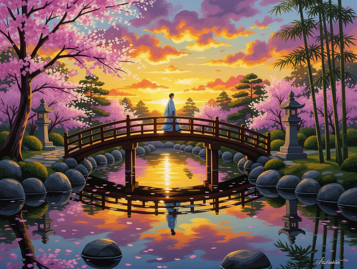 An oil painting depicts a figure wearing traditional robes crossing a wooden bridge above a koi pond in a Japanese garden at sunset. Cherry blossoms drift on the breeze. Stone lanterns line the paths. The vibrant sunset sky features golden yellows deep oranges magenta and purple. The pond reflects the sky and bridge beautifully. Manicured trees and bamboo surround the scene. Wet stones and wood shimmer. Backlighting creates a silhouette. Impressionistic brushwork captures tranquility.