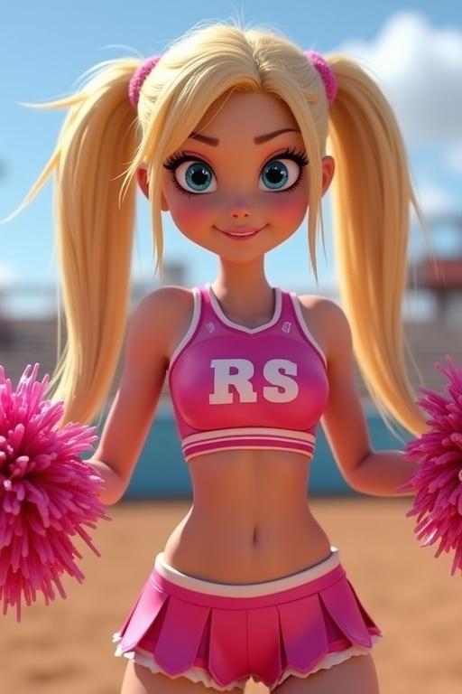 Animated woman with long blonde hair in side ponytails. Intense blue eyes. Dressed in pink latex cheerleader uniform. Holding pom poms. Cheering at rodeo.