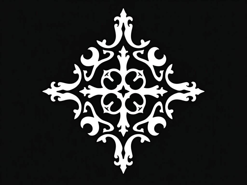 This image features a black and white logo that has a symmetrical and intricate design. The logo is centered and showcases stylized geometric shapes that create a visually striking pattern. The contrast of black against white emphasizes the details of the artwork. This design could be utilized in various applications, such as branding or product packaging. The overall look is modern and elegant, appealing to a variety of industries.