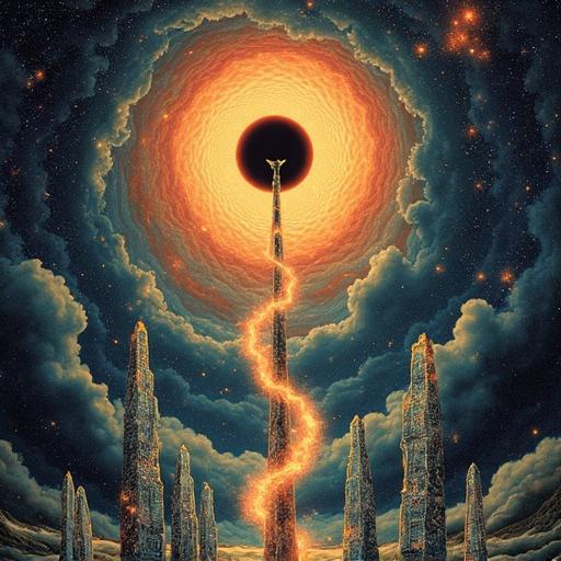 Surreal artwork featuring fractals and angelic figures. Depicts an infinite spiral of souls at the center. Eclipsed sun radiates in the background. Vertical helix of human figures and descending souls transform into stars. Symbols adorn vertical stones with subterranean lights creating pathways.