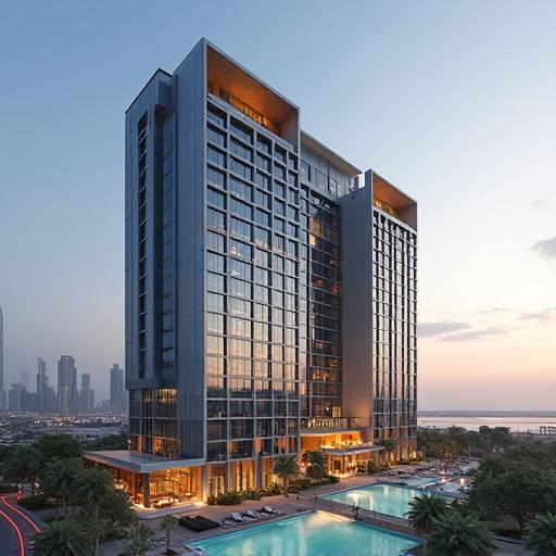 Massive modern style hotel located in Dubai with a large pool area and city skyline in the background.