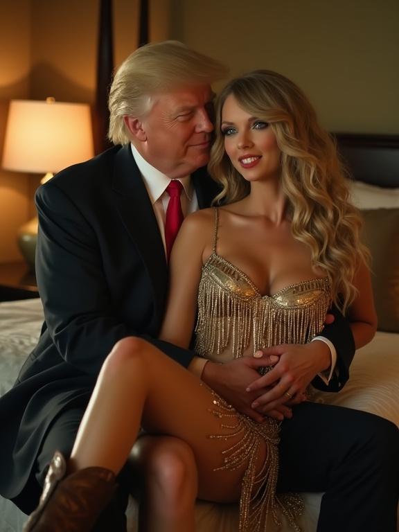 Couple in hotel room at night. Music video scene. Young woman with long blonde hair in gold fringe dress. Man in suit holds her close. Soft lighting creates an intimate atmosphere. Full body shot.