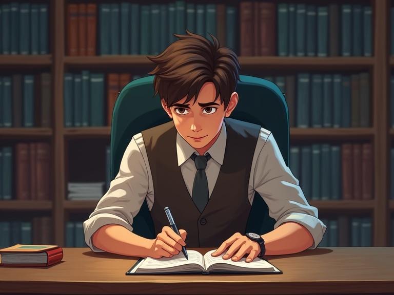 A cartoon depicts a young man in a library sitting behind a desk. He is focused on writing in a black notebook. Books are visible in the background. The setting conveys a studious atmosphere.