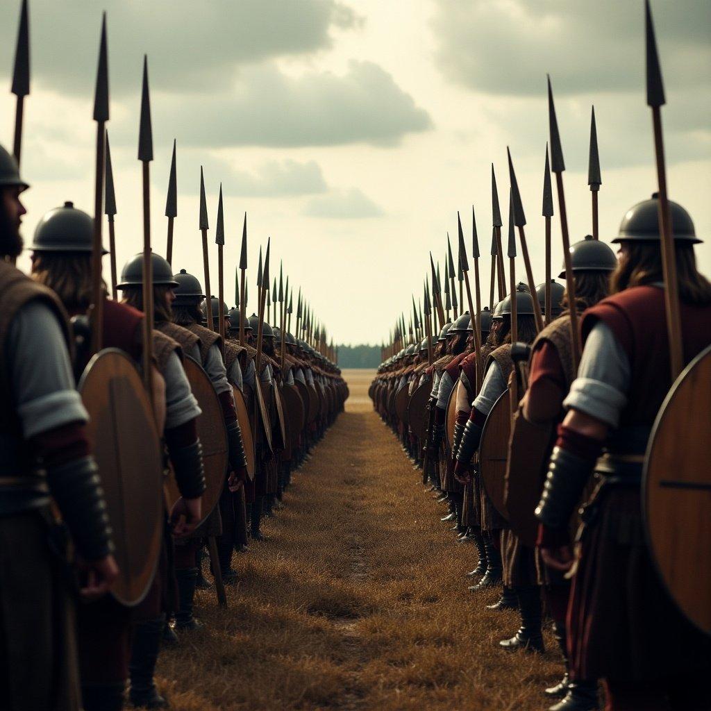 Seventy Viking soldiers stand in line awaiting their two commanders. The image captures a regimented formation with shields and spear tips prominently displayed. A dramatic sky adds intensity to the scene.