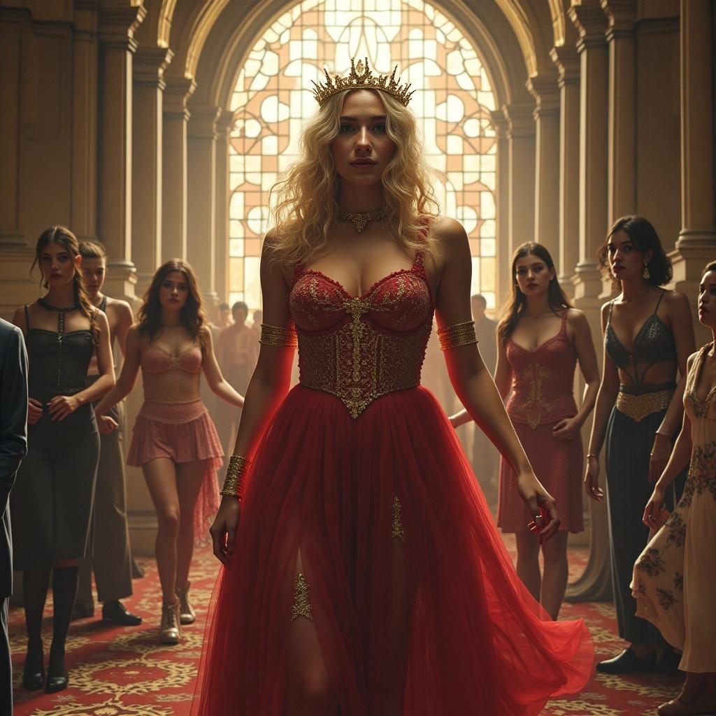 A scene depicting a queen surrounded by a group of elegantly dressed individuals. The queen wears a stunning red gown and crown. The atmosphere exudes opulence and empowerment.