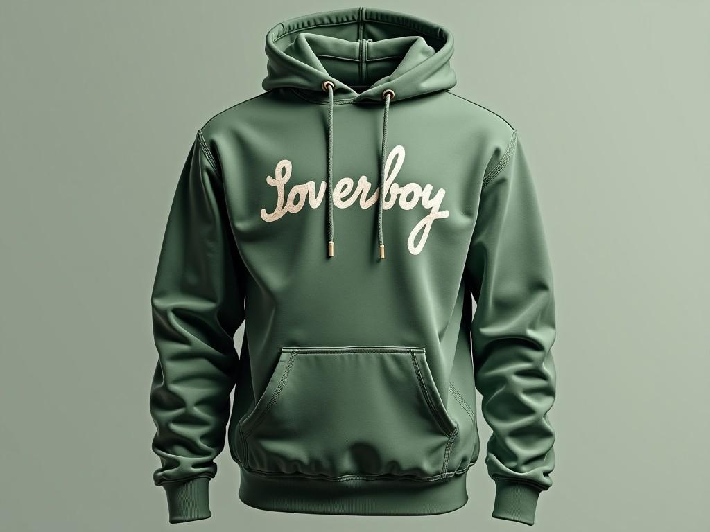 A stylish green hoodie with 'Loverboy' written on it in a script font, displayed on a plain green background.