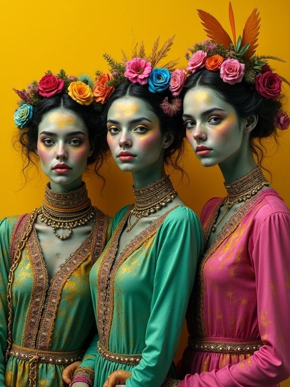 Surreal portrait with three gypsies in colorful outfits. Attire features tones of green, magenta, and intricate details. Yellow background complements their looks. Hyperdetailed style, whimsical atmosphere.